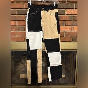 🛍️ Jeans women patchwork  Raw Hem distressed straight leg Size M